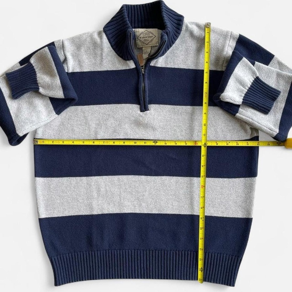 Navy Blue & Grey Striped Quarter Zip Mockneck Cotton Knit Sweater St. John’s Bay - Picture 4 of 5
